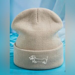 NEW Kids Beige Beanie with Dachshund Embroidery